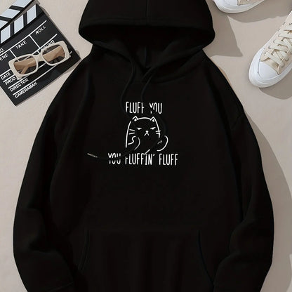 Cute Cat & Letter Printed Pocket Drawstring Hoodie