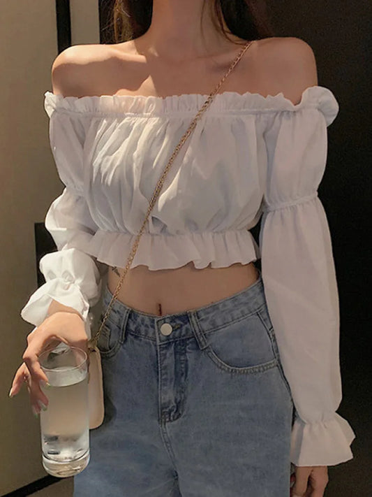 Women's Off-Shoulder Blouse Long Sleeve Puff Ruffle Tunic Crop Top Solid Color White Shirt Sexy Summer Tube Top Streetwear