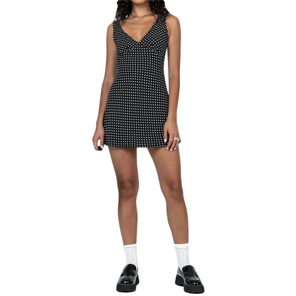 Women's Y2K Mini Dress Sleeveless V-Neck Dot Print High Waist Drawstring Sundress Casual Party Going out Dress Knee-Length