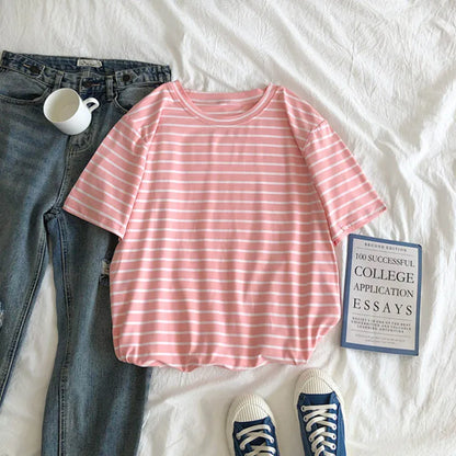 Cute Short Sleeve Korean Stripped Casual Shirt