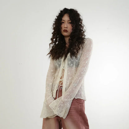 Women's Slim Fit Lace Bandage Blouse Temperament Crop Top See through V-Neck Summer Sexy Shirt Office Lady Style Full Sleeve