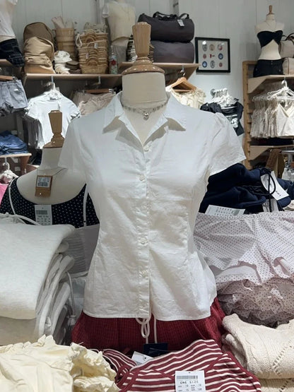 White Cotton Blouse T-Shirt for Women Summer Peter Pan Collar Short Sleeve Slim Fit Casual Cute Lace-Up Crop Top