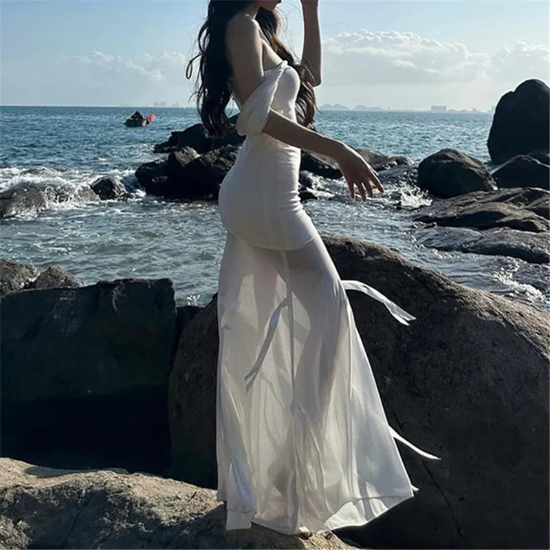 Women's Gothic Sexy Strapless Hooded Long Dress Dark Fairycore Bodycon Ankle-Length with Bow Mesh Detail Polyester Spandex
