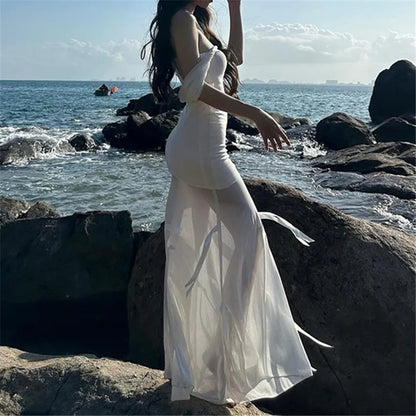 Women's Gothic Sexy Strapless Hooded Long Dress Dark Fairycore Bodycon Ankle-Length with Bow Mesh Detail Polyester Spandex