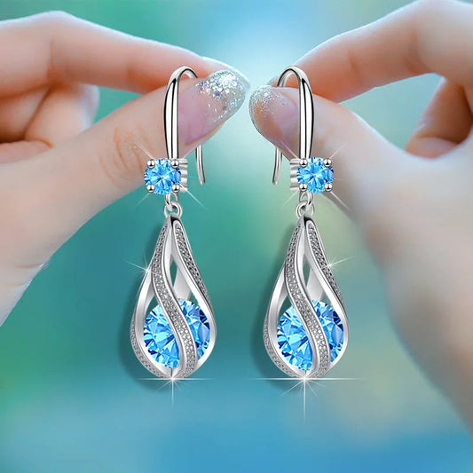 Luxury 925 Sterling Water Crystal Drop Hoop Earings