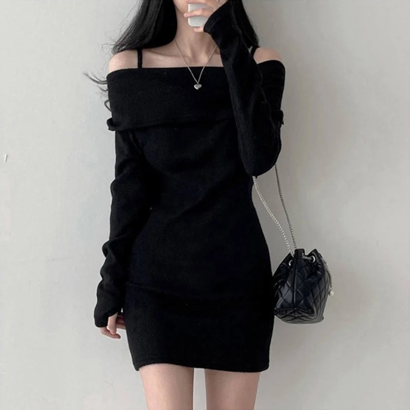 Y2K Women's Knitted Mini Dress Off-Shoulder Spaghetti Strap Long Sleeve Slim Fit above Knee Korean Sexy Spring Dress