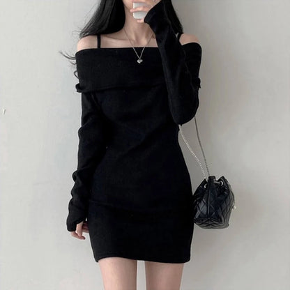 Y2K Women's Knitted Mini Dress Off-Shoulder Spaghetti Strap Long Sleeve Slim Fit above Knee Korean Sexy Spring Dress