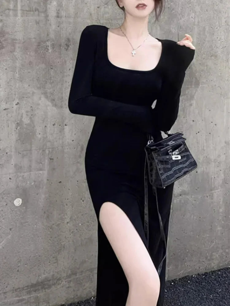 Women's Sexy Side Slit Long Sleeve Dress Black Bodycon Wrap Hip Over-the-Knee Tight-Fitting Mid-Calf Spring Autumn High Street