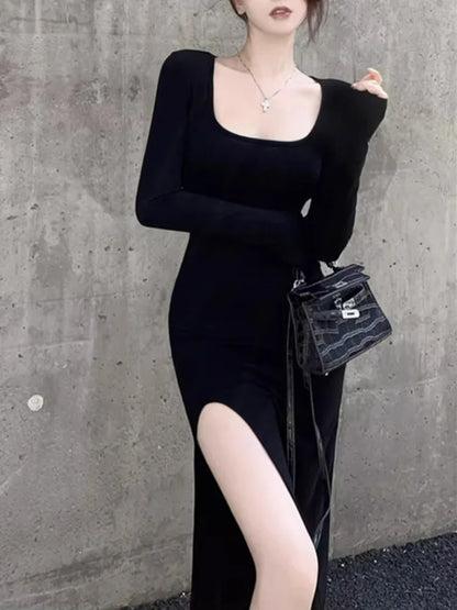 Women's Sexy Side Slit Long Sleeve Dress Black Bodycon Wrap Hip Over-the-Knee Tight-Fitting Mid-Calf Spring Autumn High Street