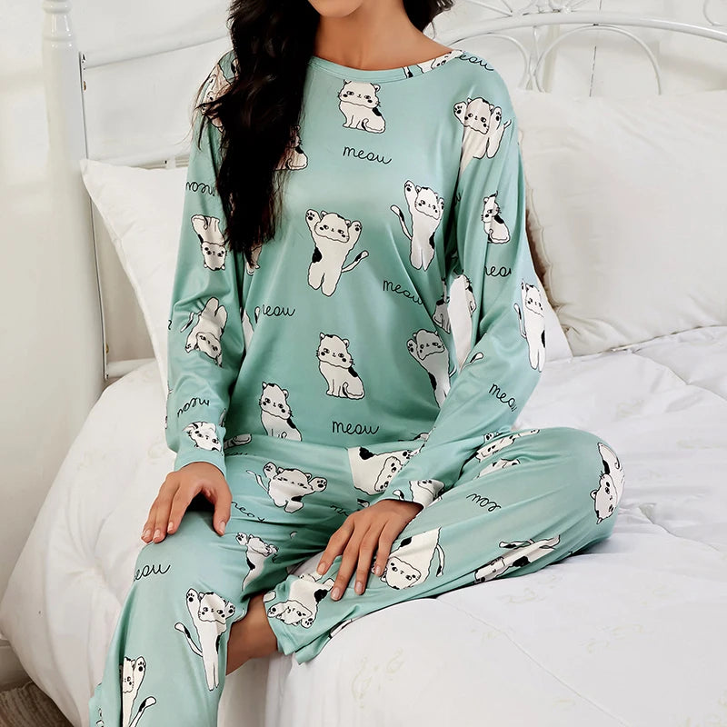 Spring Green Cat Collided Pajamas Top & Pants