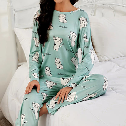 Spring Green Cat Collided Pajamas Top & Pants