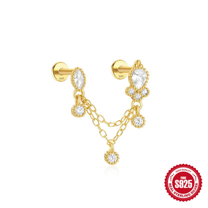 Sterling Silver Double Ear Hole Zircon Women's Flat Earrings