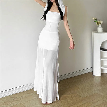 Women's Gothic Sexy Strapless Hooded Long Dress Dark Fairycore Bodycon Ankle-Length with Bow Mesh Detail Polyester Spandex