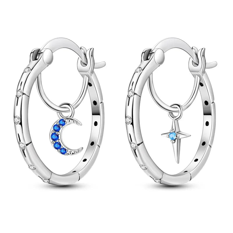 925 Sterling Loops Star, Moon Ring Styled Earrings
