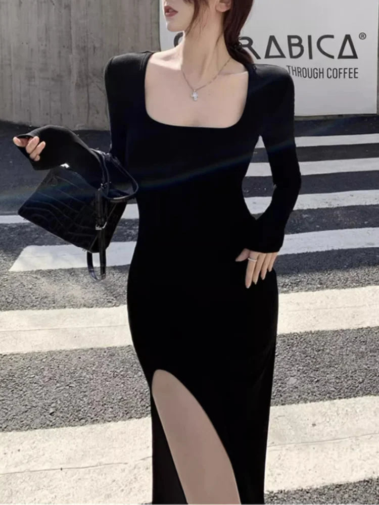 Women's Sexy Side Slit Long Sleeve Dress Black Bodycon Wrap Hip Over-the-Knee Tight-Fitting Mid-Calf Spring Autumn High Street