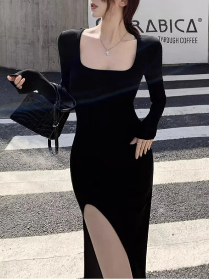 Women's Sexy Side Slit Long Sleeve Dress Black Bodycon Wrap Hip Over-the-Knee Tight-Fitting Mid-Calf Spring Autumn High Street