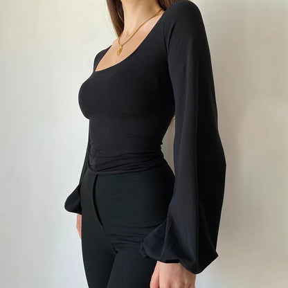 Women's Black Elegant Casual Blouse Long Sleeve Lantern Shirt Slim Fit Square Collar All-Match Solid Color T-Shirt
