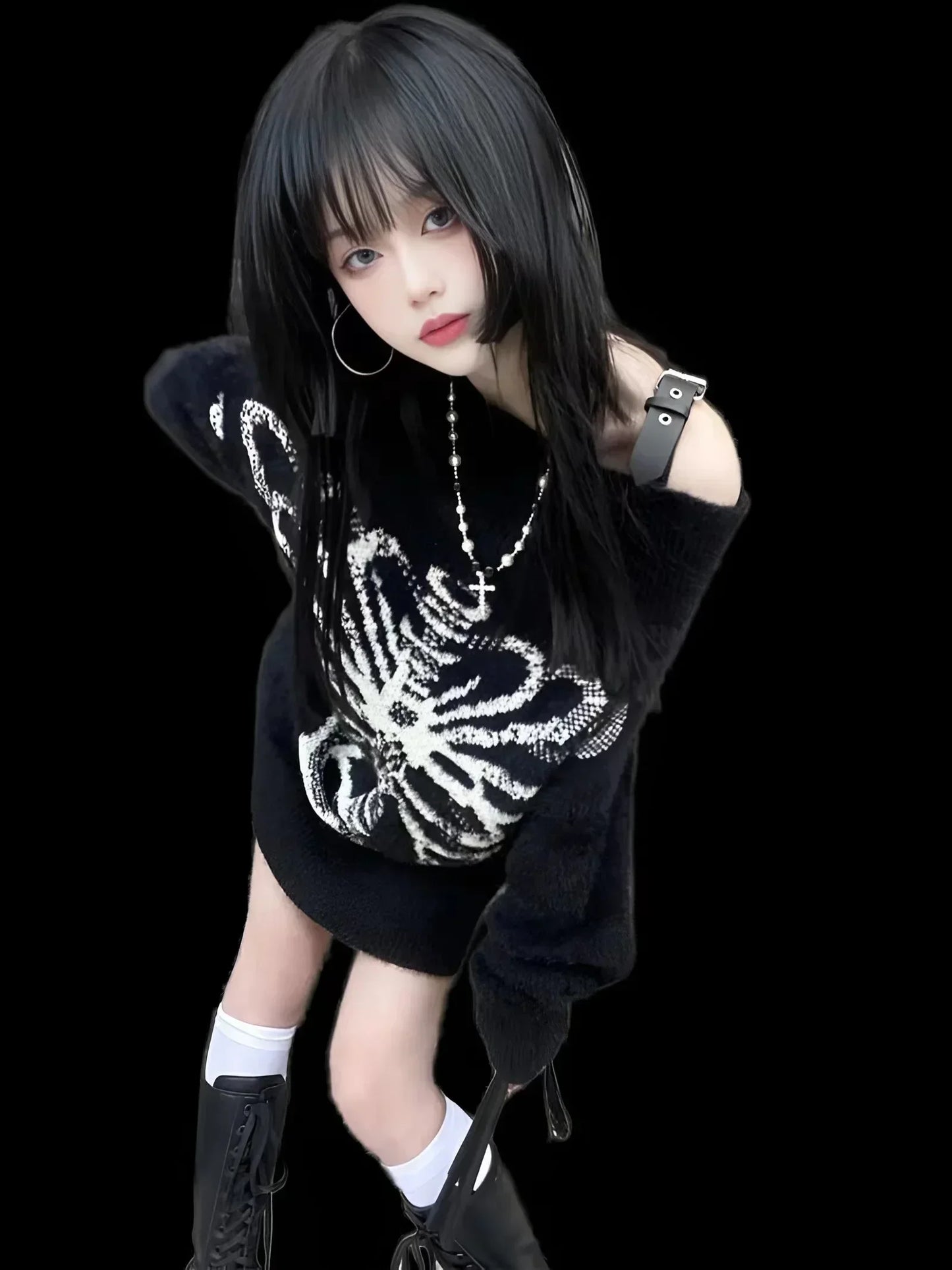 Goth Skull Print Aesthetic Women's Black Pullover Sweater