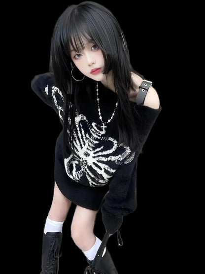 Goth Skull Print Aesthetic Women's Black Pullover Sweater