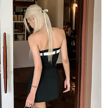 Y2K Women's Sexy Mini Bow Bandage Dress Sleeveless High Waist Sweet Style Backless A-Line Skirt Streetwear Fashion above Knee