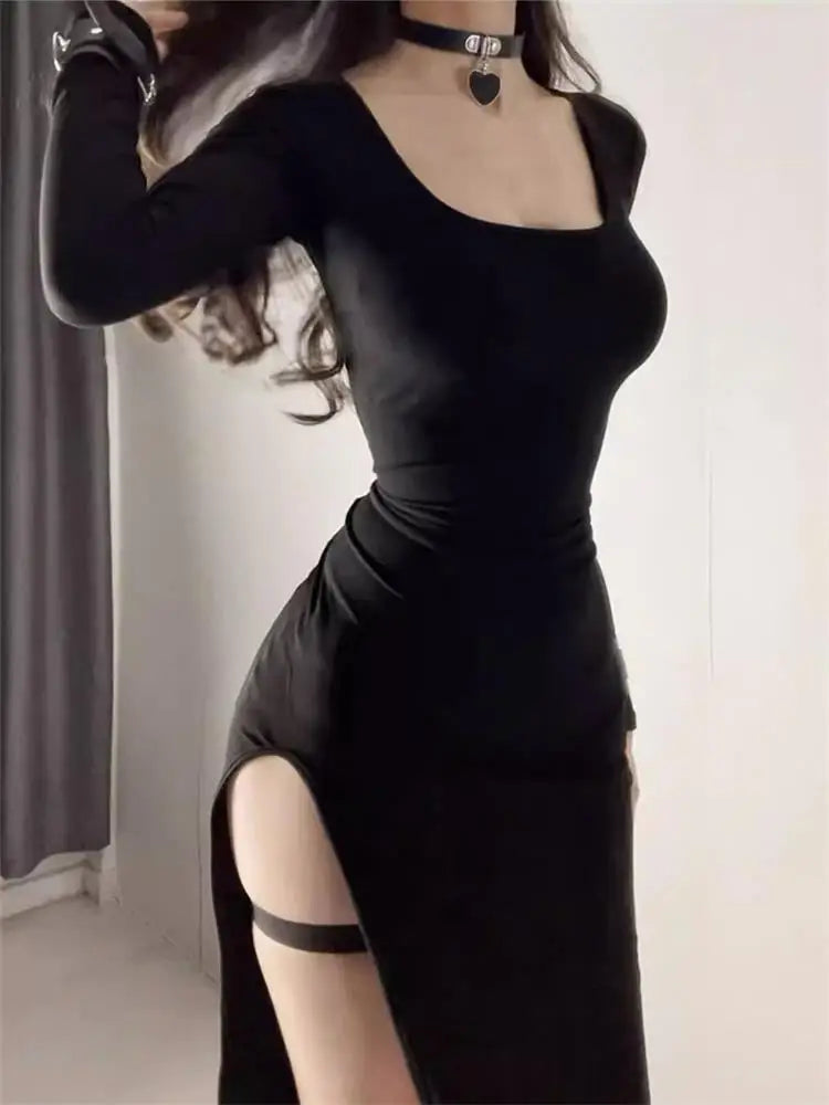 Women's Sexy Side Slit Long Sleeve Dress Black Bodycon Wrap Hip Over-the-Knee Tight-Fitting Mid-Calf Spring Autumn High Street