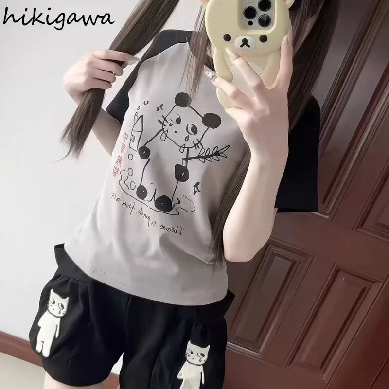 Japanese Cute Black Cartoon Cat Print Shorts