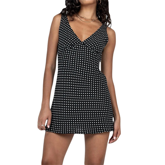 Women's Y2K Mini Dress Sleeveless V-Neck Dot Print High Waist Drawstring Sundress Casual Party Going out Dress Knee-Length