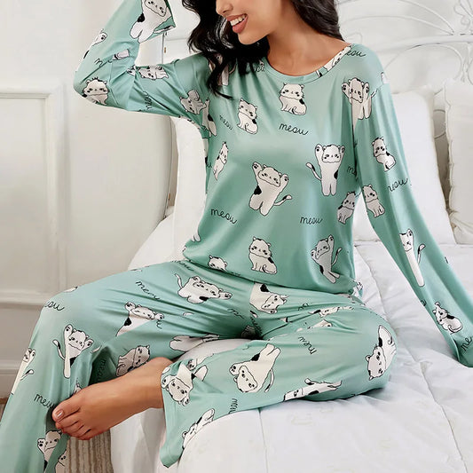 Spring Green Cat Collided Pajamas Top & Pants