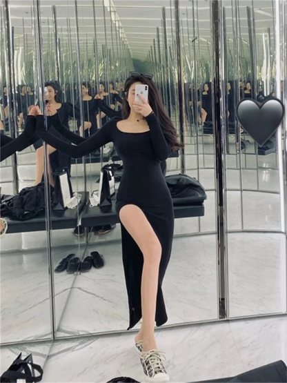 Women's Sexy Side Slit Long Sleeve Dress Black Bodycon Wrap Hip Over-the-Knee Tight-Fitting Mid-Calf Spring Autumn High Street