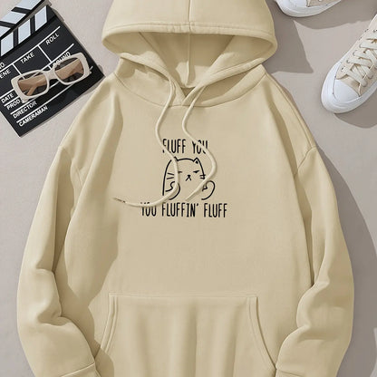 Cute Cat & Letter Printed Pocket Drawstring Hoodie