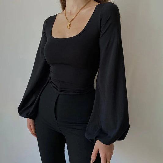 Women's Black Elegant Casual Blouse Long Sleeve Lantern Shirt Slim Fit Square Collar All-Match Solid Color T-Shirt