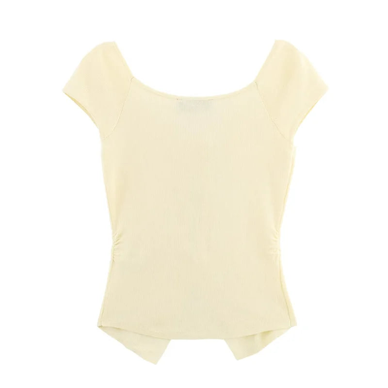 Women's Light Yellow Ruffle Trim Knit Blouse Large Neckline Casual Fashion Spring 2025 Short Sleeve Versatile Top