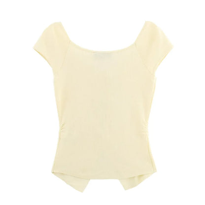 Women's Light Yellow Ruffle Trim Knit Blouse Large Neckline Casual Fashion Spring 2025 Short Sleeve Versatile Top