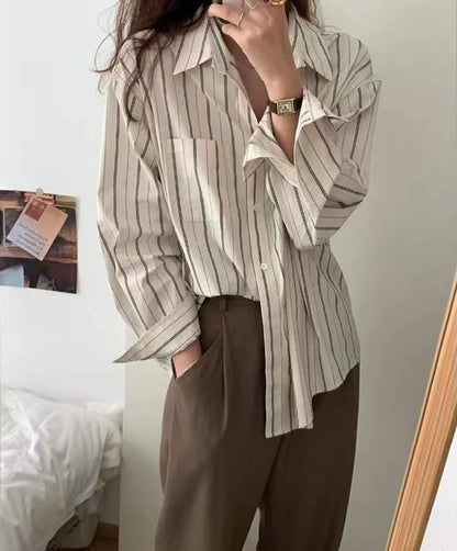 Apricot Spring Long-sleeved Striped Top Blouse