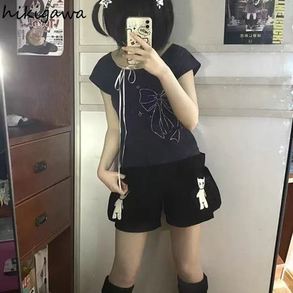 Japanese Cute Black Cartoon Cat Print Shorts