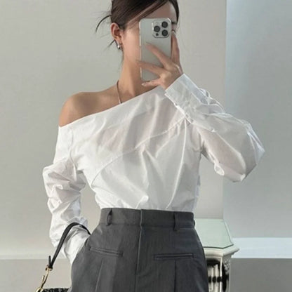 White Women's Off-Shoulder Blouse Long Sleeve Cotton Top Elegant Office Lady Fashion Sexy Casual Straight Collar Pullover
