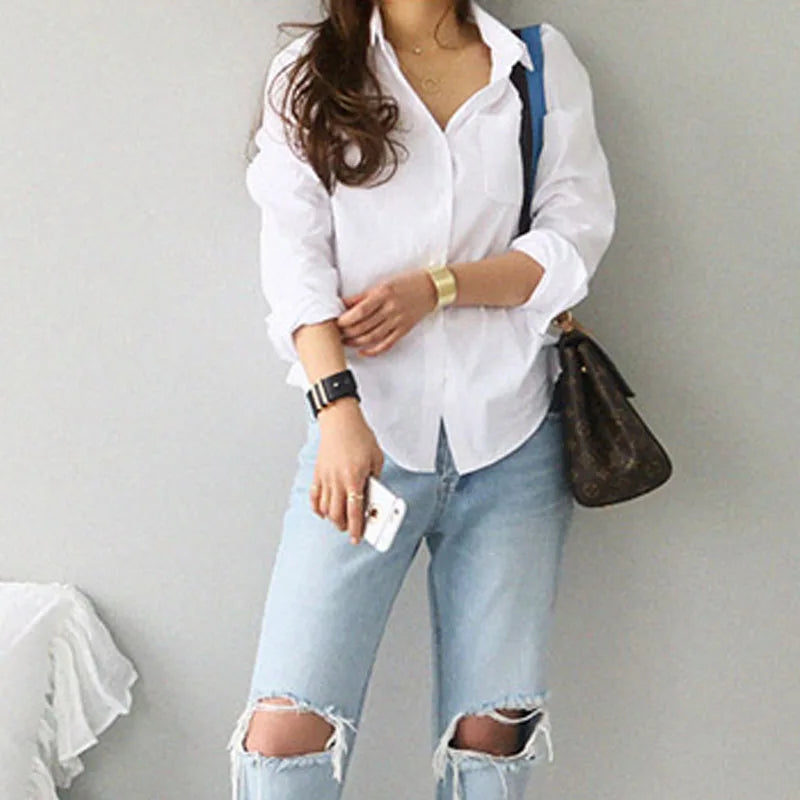 Fashion Women's Cotton Blouse White Shirt Casual OL Style Long Sleeve Top Turn-down Collar Midweight Knit Blusas Mujer De Moda