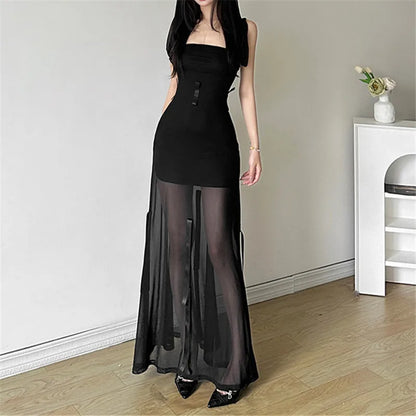 Women's Gothic Sexy Strapless Hooded Long Dress Dark Fairycore Bodycon Ankle-Length with Bow Mesh Detail Polyester Spandex