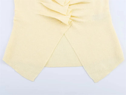 Women's Light Yellow Ruffle Trim Knit Blouse Large Neckline Casual Fashion Spring 2025 Short Sleeve Versatile Top