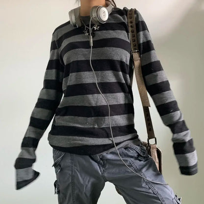 Y2K Aesthetic Stripped Pattern Gothic Long Sleeve