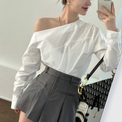 White Women's Off-Shoulder Blouse Long Sleeve Cotton Top Elegant Office Lady Fashion Sexy Casual Straight Collar Pullover