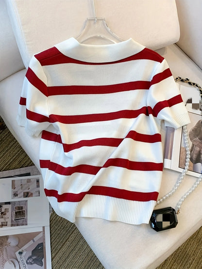 Stripped Versatile Knitted Collared Top