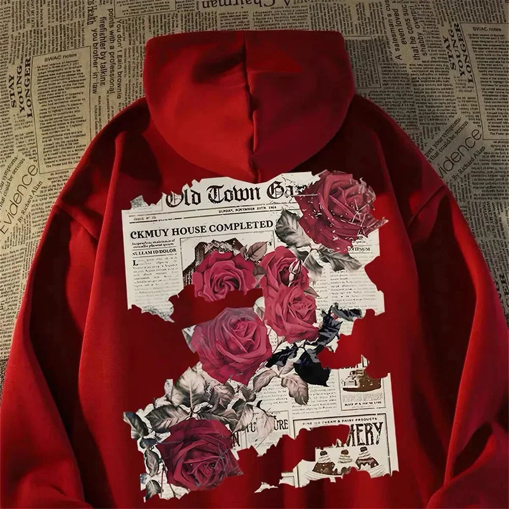 Vivid Rose Print Cotton Hoodie