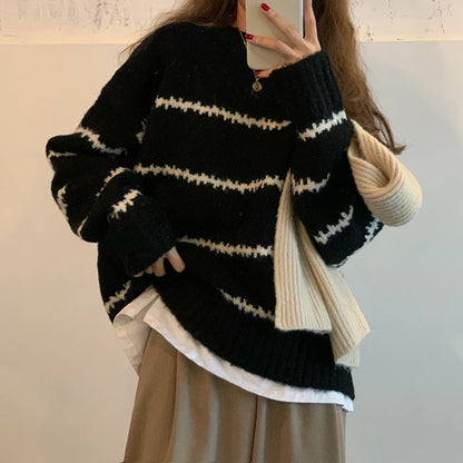 Women Casual Autumn Knitted Loose Stripped Sweater