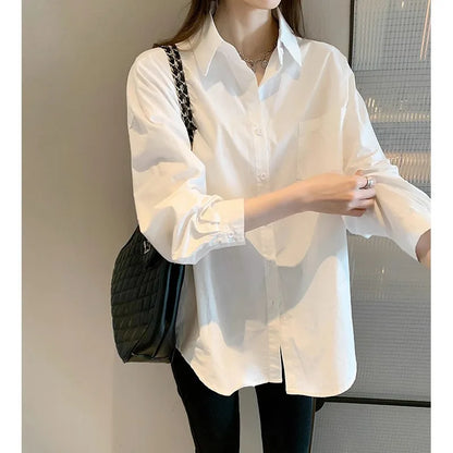 White Korean-Style Long-Sleeved Blouse for Women Casual Office Lady Shirt Loose Fit Mid-Length Turn-Down Collar Simple Women's Top