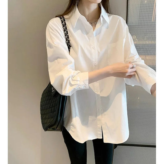 White Korean-Style Long-Sleeved Blouse for Women Casual Office Lady Shirt Loose Fit Mid-Length Turn-Down Collar Simple Women's Top