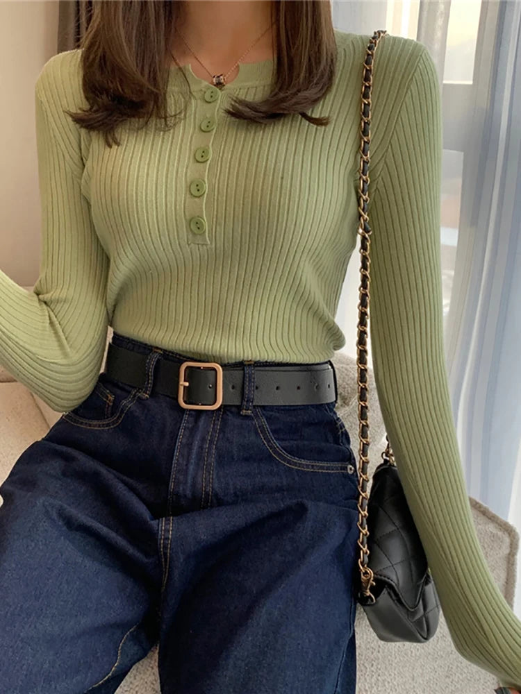 Knitted Pullover Button Down O-neck Comfy Sweater