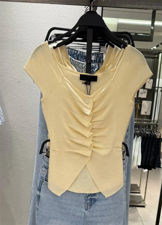 Women's Light Yellow Ruffle Trim Knit Blouse Large Neckline Casual Fashion Spring 2025 Short Sleeve Versatile Top