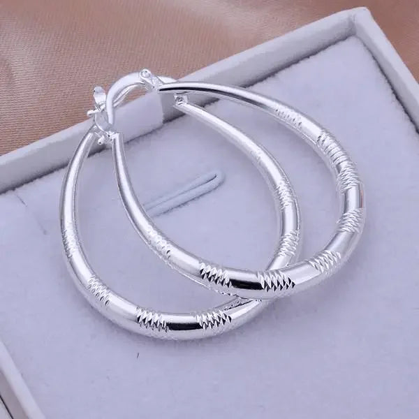 925 Sterling Silver Hoop Engraved Stripped Design Earrings