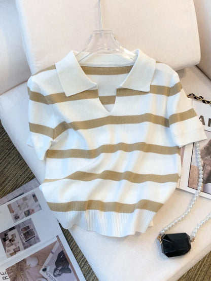 Stripped Versatile Knitted Collared Top